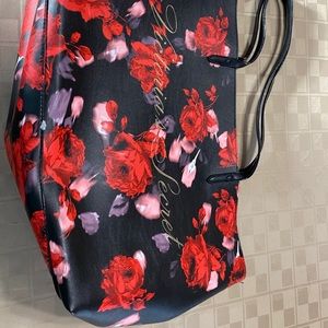 LARGE‎ TOTE BAG BLACK RED ROSES GOLD LOGO NWT 20X12